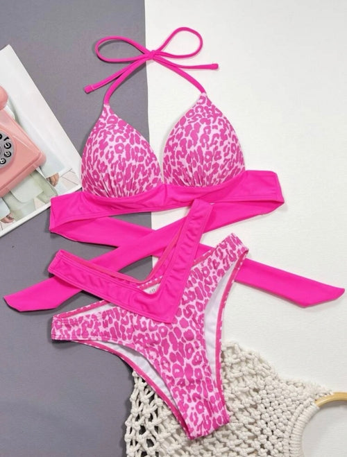 Costum de baie 2 piese Pink Leopard