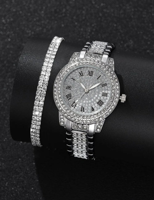 Ceas și brățară Diamond argintiu, auriu, roze