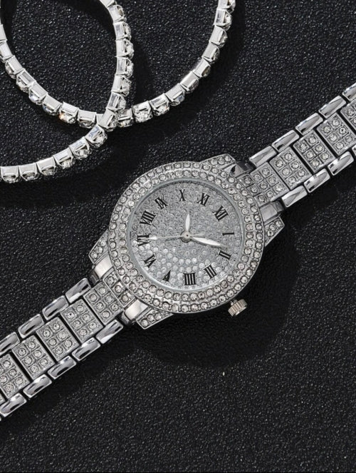 Ceas și brățară Diamond argintiu, auriu, roze