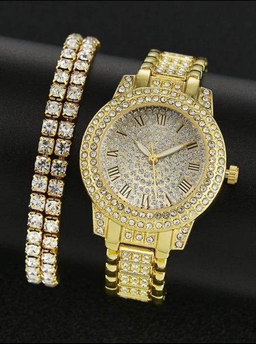 Ceas și brățară Diamond argintiu, auriu, roze