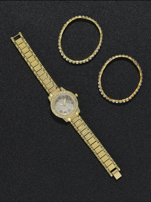 Ceas și brățară Diamond argintiu, auriu, roze