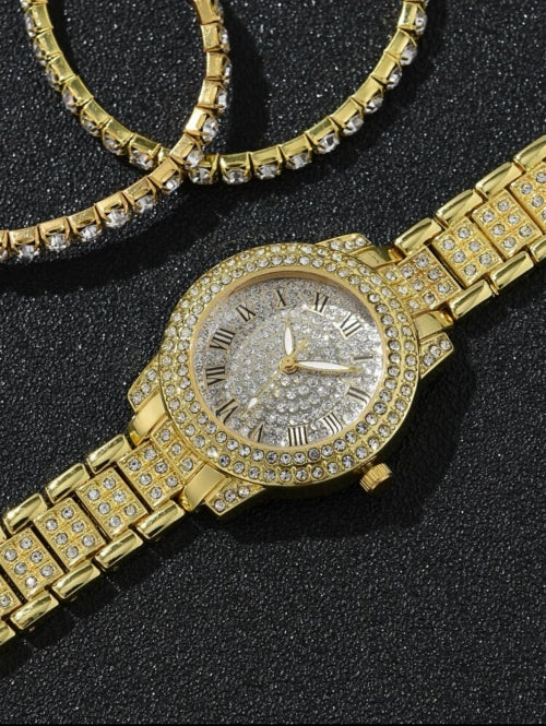 Ceas și brățară Diamond argintiu, auriu, roze