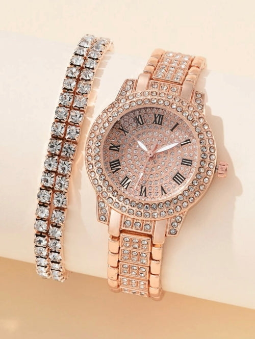 Ceas și brățară Diamond argintiu, auriu, roze