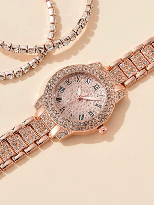 Ceas și brățară Diamond argintiu, auriu, roze