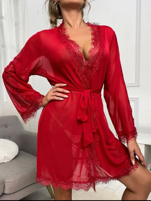 Halat cu dantelă Lace, roșu