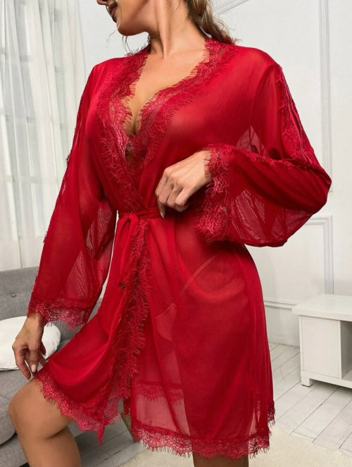 Halat cu dantelă Lace, roșu