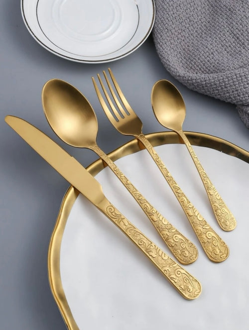 Set 4 tacâmuri oțel inoxidabil Luxury Relief, auriu, argintiu